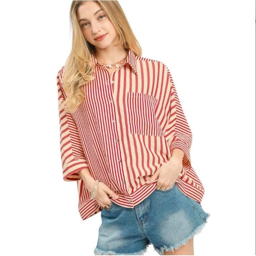 Umgee Women Oversized Small Pink Cream Striped Short Sleeve Button Up Boxy Shirt